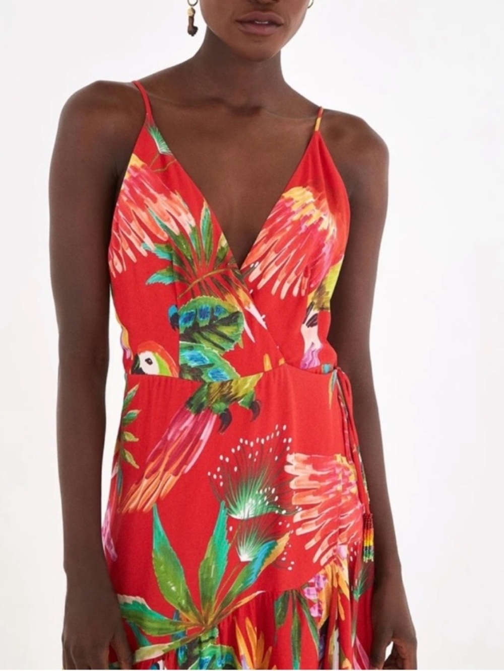 Farm Rio Red Macaw Wrap Dress Midi Ruffle Dress - NWT